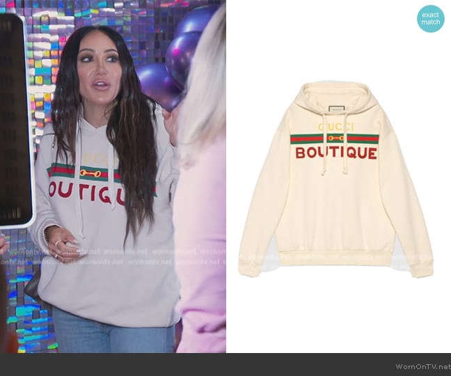 Gucci Horsebit Boutique Print Oversized Sweatshirt worn by Melissa Gorga on The Real Housewives of New Jersey