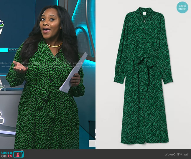 H&M Shirt Dress with Tie Belt in Black/green floral worn by Kay Angrum on NBC News Daily