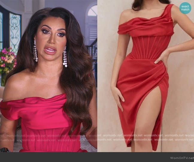 House of CB Lulu Asymmetric Drape Midi Corset Dress worn by Jennifer Aydin on The Real Housewives of New Jersey