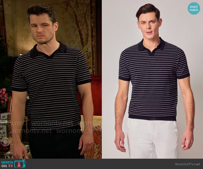 Hawes & Curtis Navy Knitted Stripe Polo worn by Kyle Abbott (Michael Mealor) on The Young and the Restless