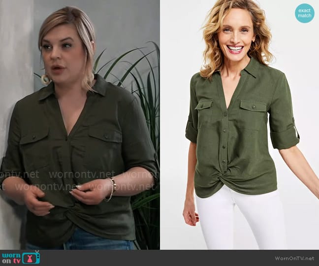 INC International Concepts Linen Twist-Hem Blouse in Costa Green worn by Maxie Jones (Kirsten Storms) on General Hospital