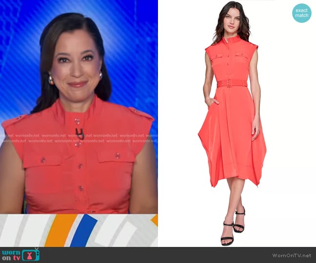 Karl Lagerfeld Belted Handkerchief-Hem Midi Dress in Apple worn by Mireya Villarreal on Good Morning America