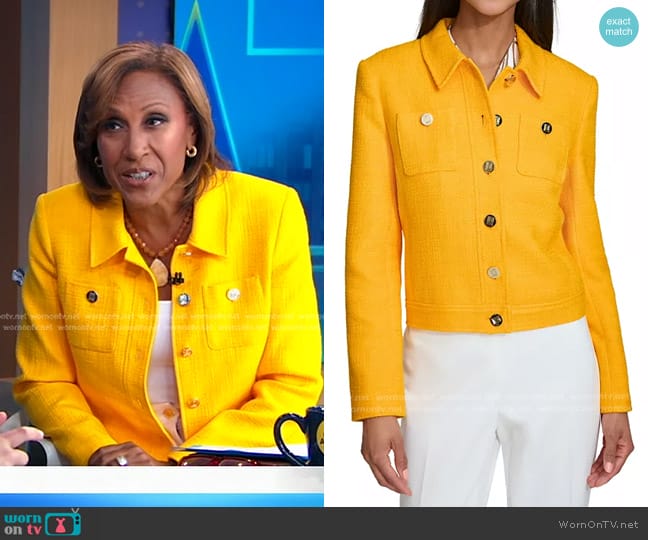 Karl Lagerfeld Button-Front Textured Jacket in Gold Fusion worn by Robin Roberts on Good Morning America