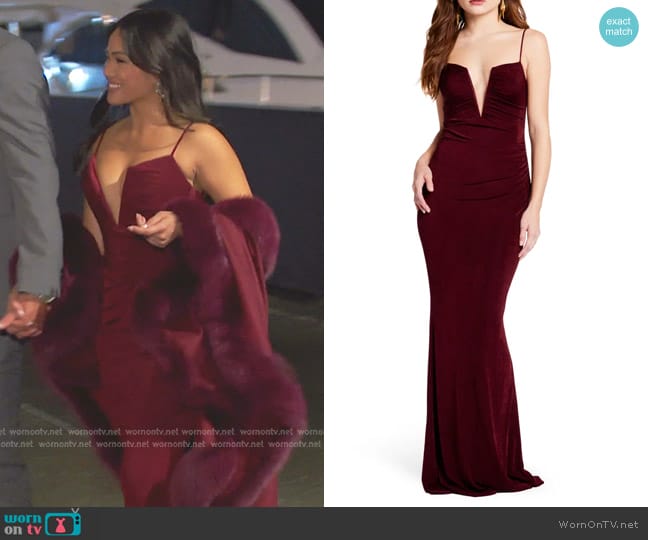 Katie May Erykah Plunge Neck Gown in Sangria worn by Jenn Tran on The Bachelorette