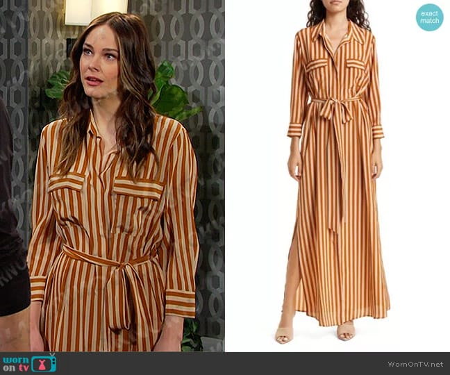 L'Agence Cameron Stripe Silk Maxi Shirtdress worn by Stephanie Johnson (Abigail Klein) on Days of our Lives