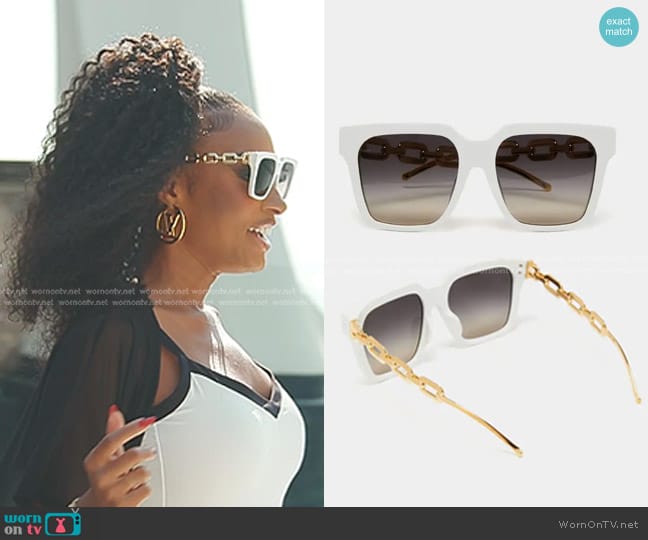 Louis Vuitton MG2282 LV Edge Chain Cat Eye Sunglasses in White worn by Lesa Milan (Lesa Milan) on The Real Housewives of Dubai