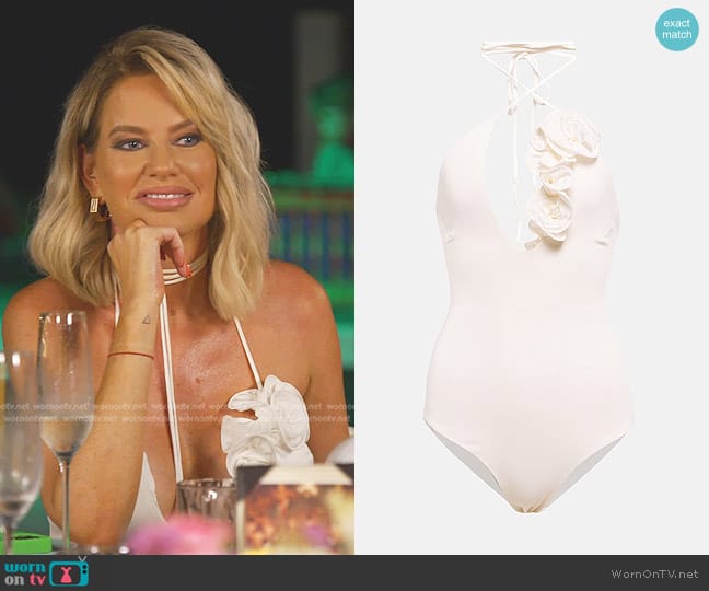 Magda Butrym Ruffled Halterneck Jersey Bodysuit worn by Caroline Stanbury (Caroline Stanbury) on The Real Housewives of Dubai