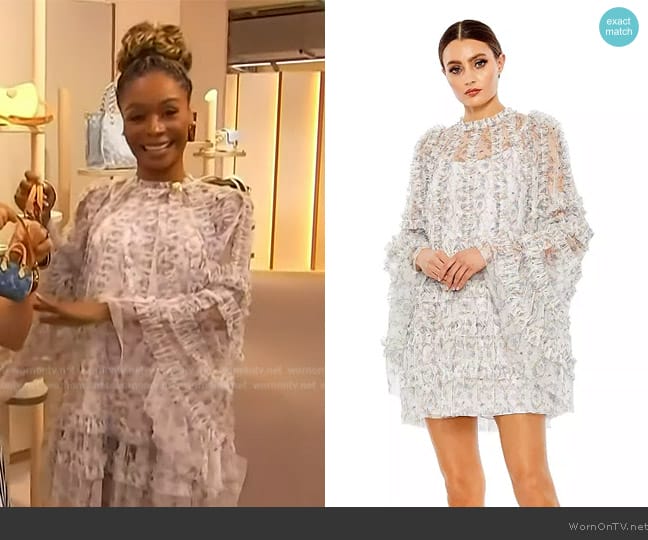 Mac Duggal Floral Print Long Flare Sleeve Mesh A-Line Dress worn by Zuri Hall on Access Hollywood