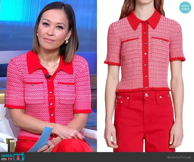 Maje Manamaille Herringbone Cardigan worn by Eva Pilgrim on Good Morning America