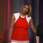 Maria Taylor’s red and white colorblock dress on The Kelly Clarkson Show