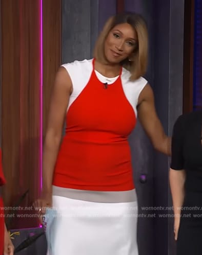 Maria Taylor's red and white colorblock dress on The Kelly Clarkson Show