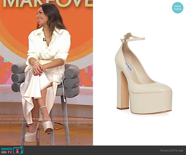 Steve Madden Skyrise Block Heel Pumps in Bone Patent worn by Melissa Garcia on Today