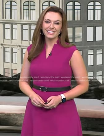 Molly McCollum’s purple cap sleeve belted dress on CBS Evening News