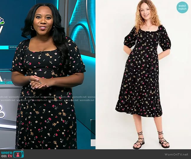 Old Navy Fit & Flare Crepe Midi Dress in Black Floral worn by Kay Angrum on NBC News Daily