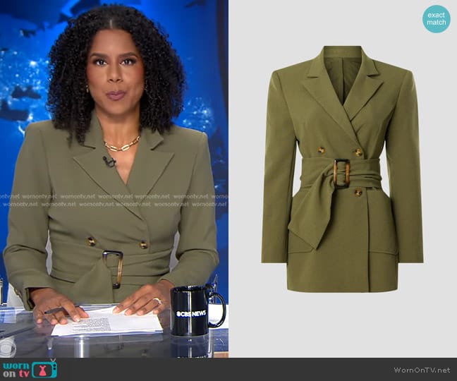 Osman Yousefzada Collective Belted Blazer in Olive worn by Adriana Diaz on CBS Evening News