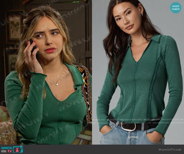 Pilcro Stitched Long-Sleeve Top in Green worn by Holly Jonas (Ashley Puzemis) on Days of our Lives