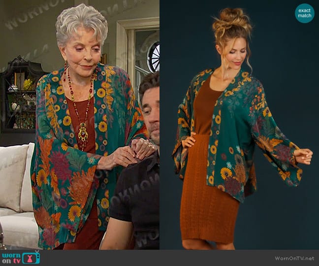 Powder Trailing Wisteria Kimono Jacket in Teal worn by Julie Olson Williams (Susan Seaforth Hayes) on Days of our Lives