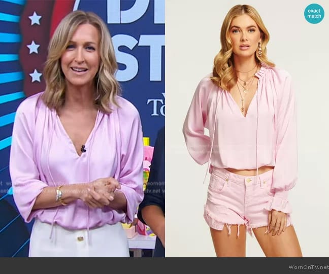 Ramy Brook Satin Bethany Top in Pink Opal worn by Lara Spencer on Good Morning America