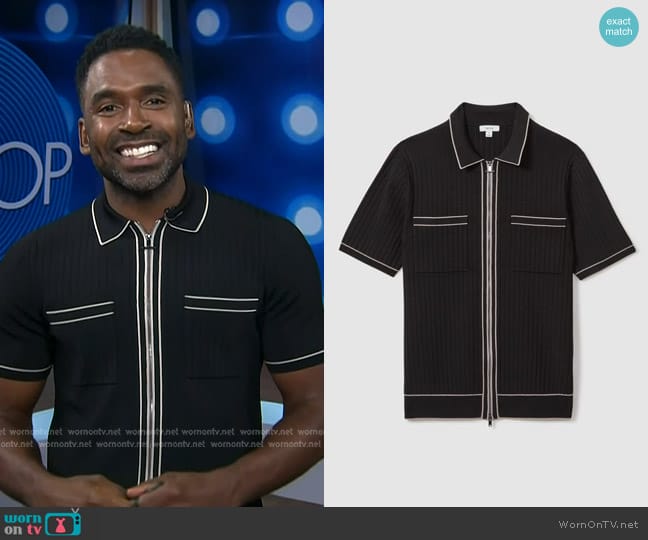 Reiss Christophe Ribbed Dual Zip-Front Shirt in Black worn by Justin Sylvester on Today