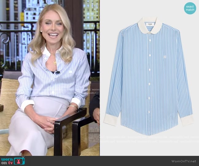 Celine Romy Shirt in Striped Silk worn by Kelly Ripa on Live with Kelly and Mark