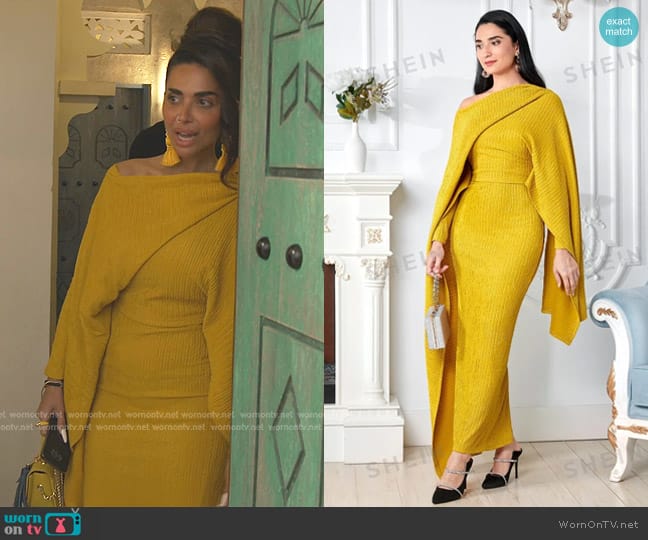 Shein Modely Asymmetrical Neck Cloak Sleeve Dress in Yellow worn by Sara Al Madani (Sara Al Madani) on The Real Housewives of Dubai