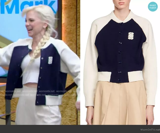 Sandro Bolzano Varsity Color Block Bouclé Cardigan worn by Anna Varsity on Live with Kelly and Mark