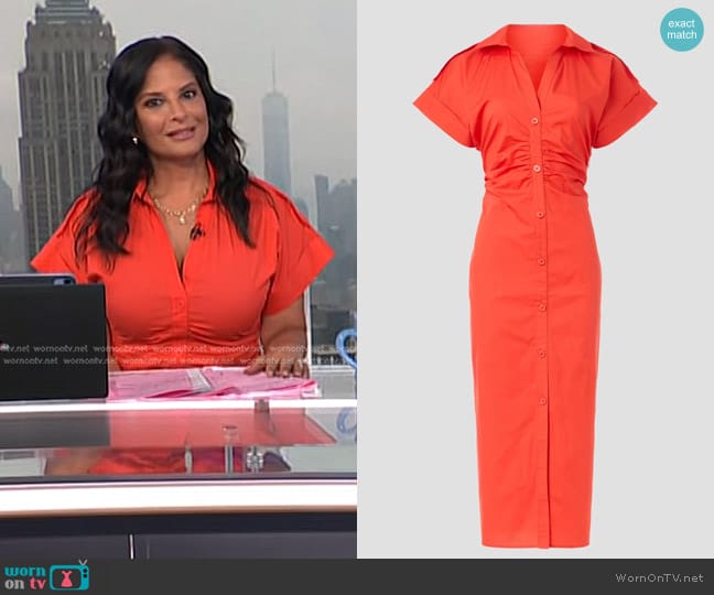 Saunders Collective Ruched Shirt Dress in Red worn by Darlene Rodriguez on Today