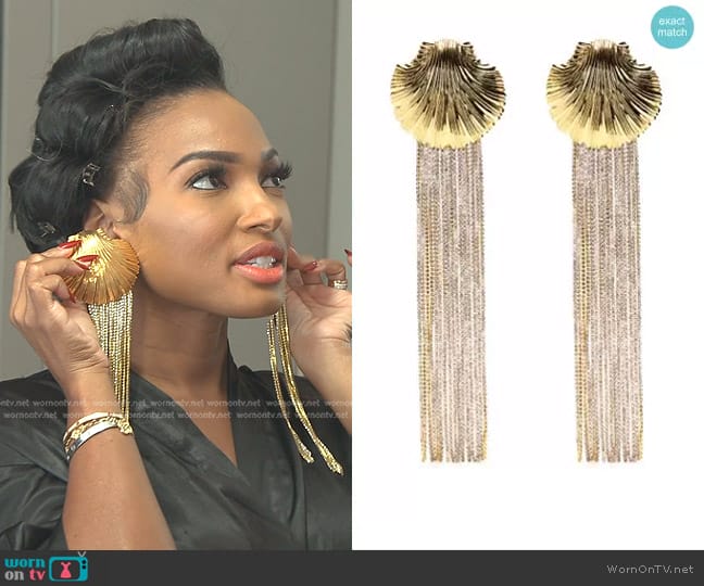 Atu Body Couture Shell Fringe Earrings worn by Lesa Milan (Lesa Milan) on The Real Housewives of Dubai