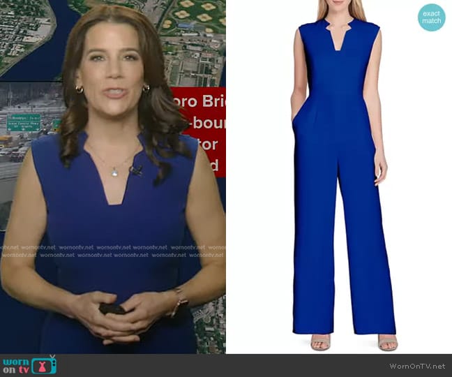 Tahari ASL Sleeveless Crepe Wide-Leg Jumpsuit worn by Heather O’Rourke on Good Morning America