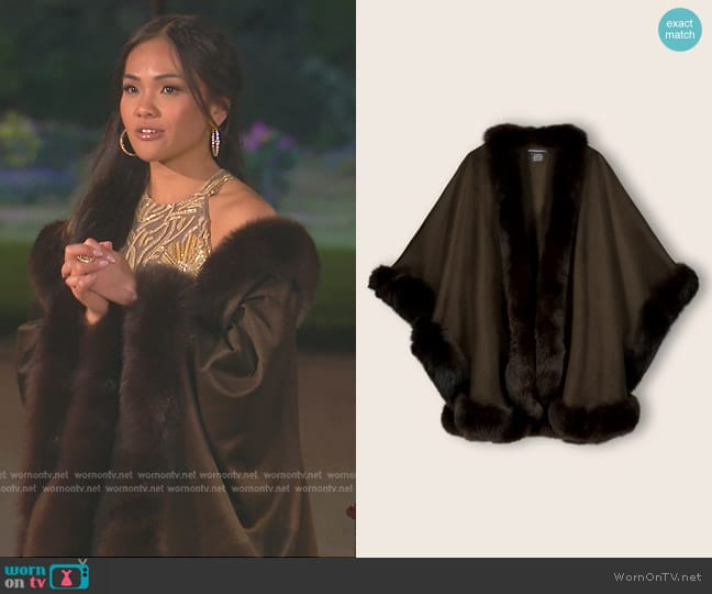 Sofia Cashmere Cervinia Fur Trimmed Cashmere Cape Classic Length in Brown worn by Jenn Tran on The Bachelorette