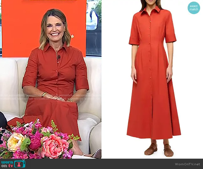 Staud Joan Stretch-Cotton Maxi Shirtdress in Rust worn by Savannah Guthrie on Today