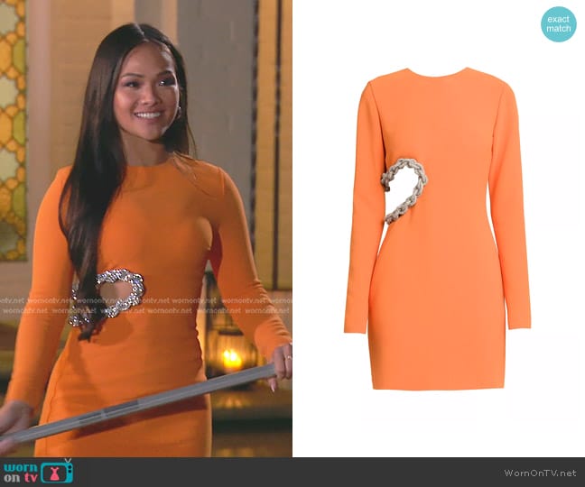 Stella McCartney Braided Crystal Cut-Out Minidress in Bright Orange worn by Jenn Tran on The Bachelorette