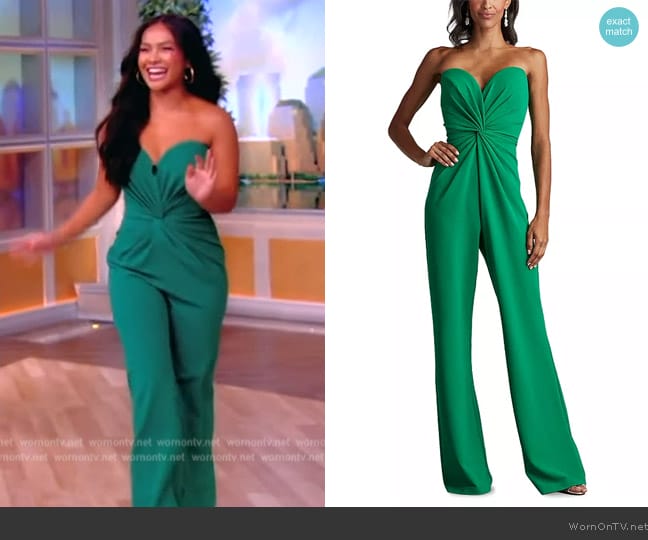 Tadashi Shoji Twist Front Strapless Jumpsuit worn by Jenn Tran on The View