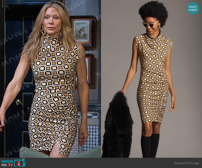 Anthropologie The Maya Ruched Cowl-Neck Dress in Brown Motif worn by Kristen DiMera (Stacy Haiduk) on Days of our Lives