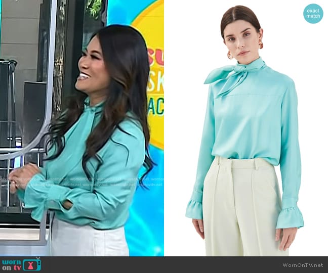 Victoria Beckham Tie-neck Silk-twill Blouse in Turquoise worn by Dr. Sandra Lee on Today