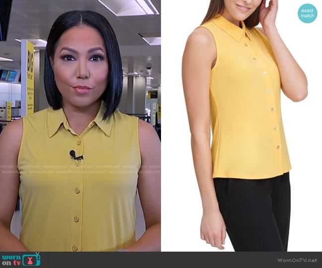 Tommy Hilfiger Classic Collared Button Front Sleeveless-Knit Top worn by Stephanie Ramos on Good Morning America