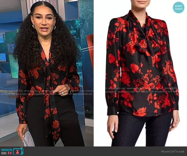 Tory Burch Floral Tie-Neck Long-Sleeve Silk Blouse worn by Morgan Radford on NBC News Daily