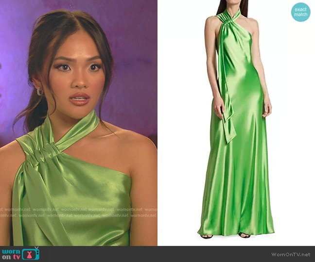 Galvan Ushuaia Satin Tieneck Gown in Paris Green worn by Jenn Tran on The Bachelorette