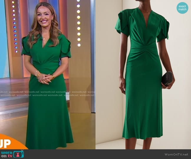 Victoria Beckham Gathered Wool-Blend Midi Dress in Green worn by Nicole Lapin on Good Morning America