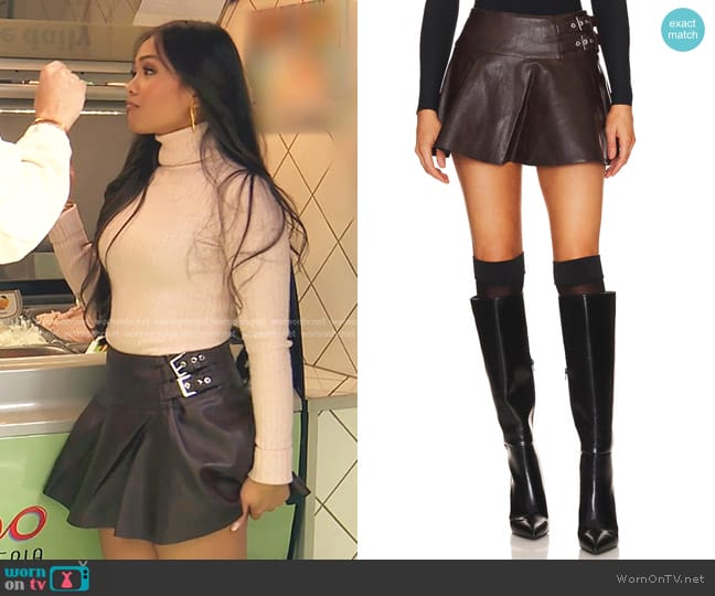 WeWoreWhat Faux Leather Buckle Mini Skort worn by Jenn Tran on The Bachelorette