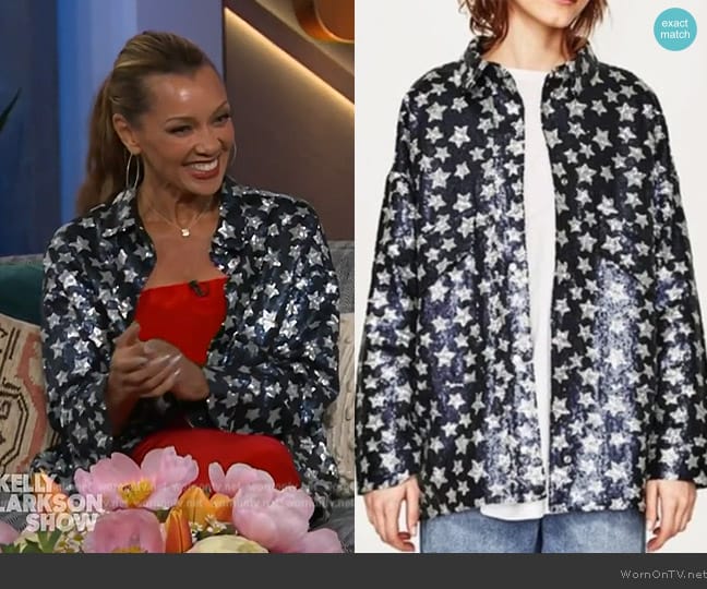 Zara Navy Blue Sequins Blazer with Silver Stars worn by Vanessa Williams on The Kelly Clarkson Show