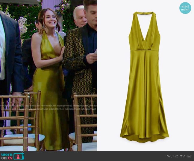 Zara Satin Dress in Olive Green worn by Stephanie Johnson (Abigail Klein) on Days of our Lives