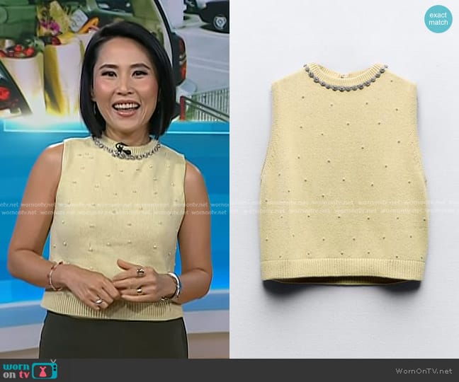 Zara Jewel and Pearl Knit Top worn by Vicky Nguyen on Today