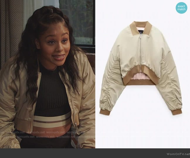 Zara Satin Effect Crop Bomber worn by Simone (Geffri Hightower) on All American Homecoming