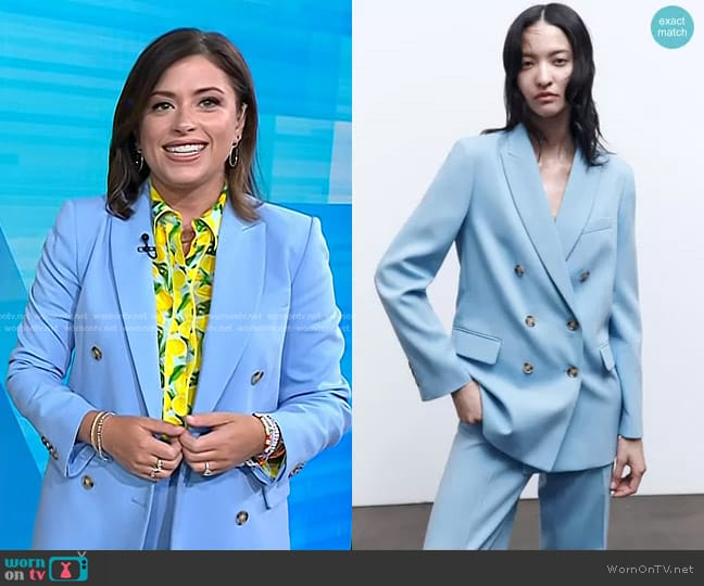 Zara Tailored Double Breasted Blazer in Sky Blue worn by Chloe Melas on Today