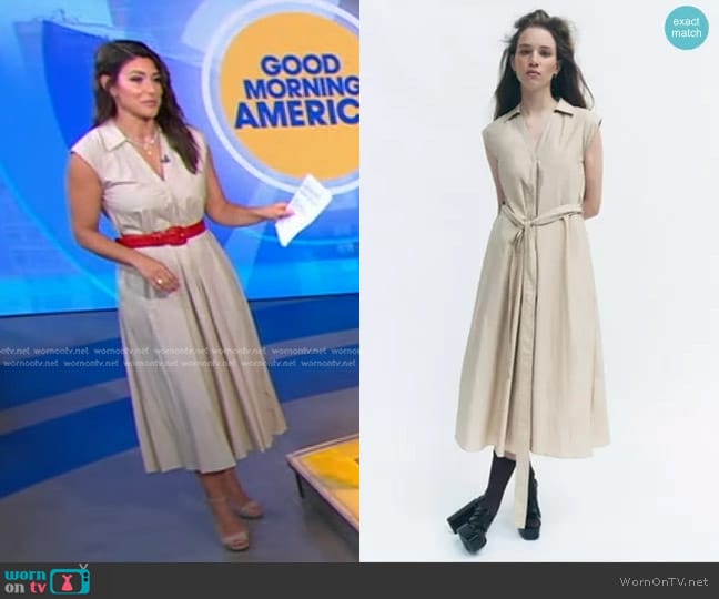 Zara Wrinkled Shirtdress in Light Camel worn by Erielle Reshef on Good Morning America