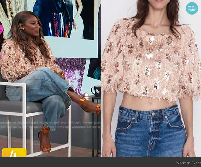 Zara Fringe Rose Gold Crop Top worn by Keanna Henson on Access Hollywood