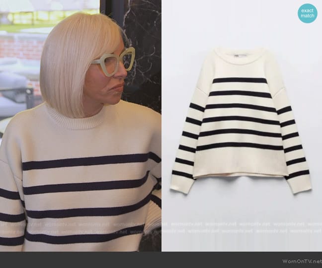 Margaret's white striped sweater on The Real Housewives of New Jersey