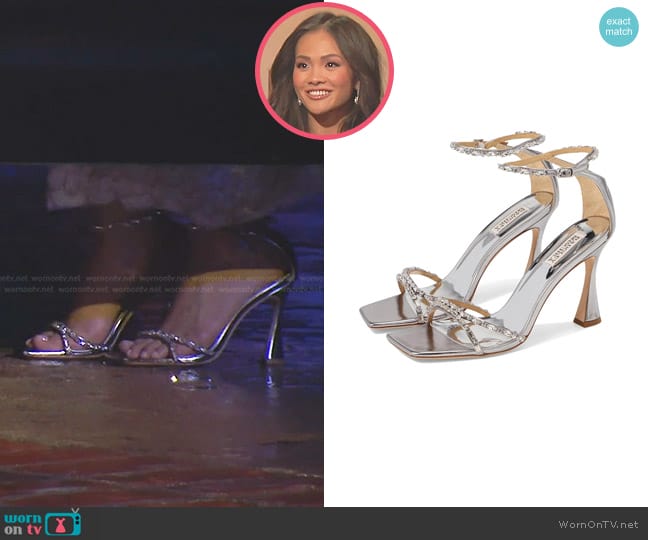 Badgley Mischka Collection Ziana Ankle Strap Sandal in Dark Silver worn by Jenn Tran on The Bachelorette