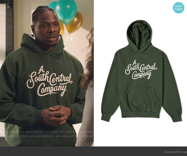 Bricks and Wood A South Central Company Hoodie in Green worn by Cam Watkin (Mitchell Edwards) on All American Homecoming